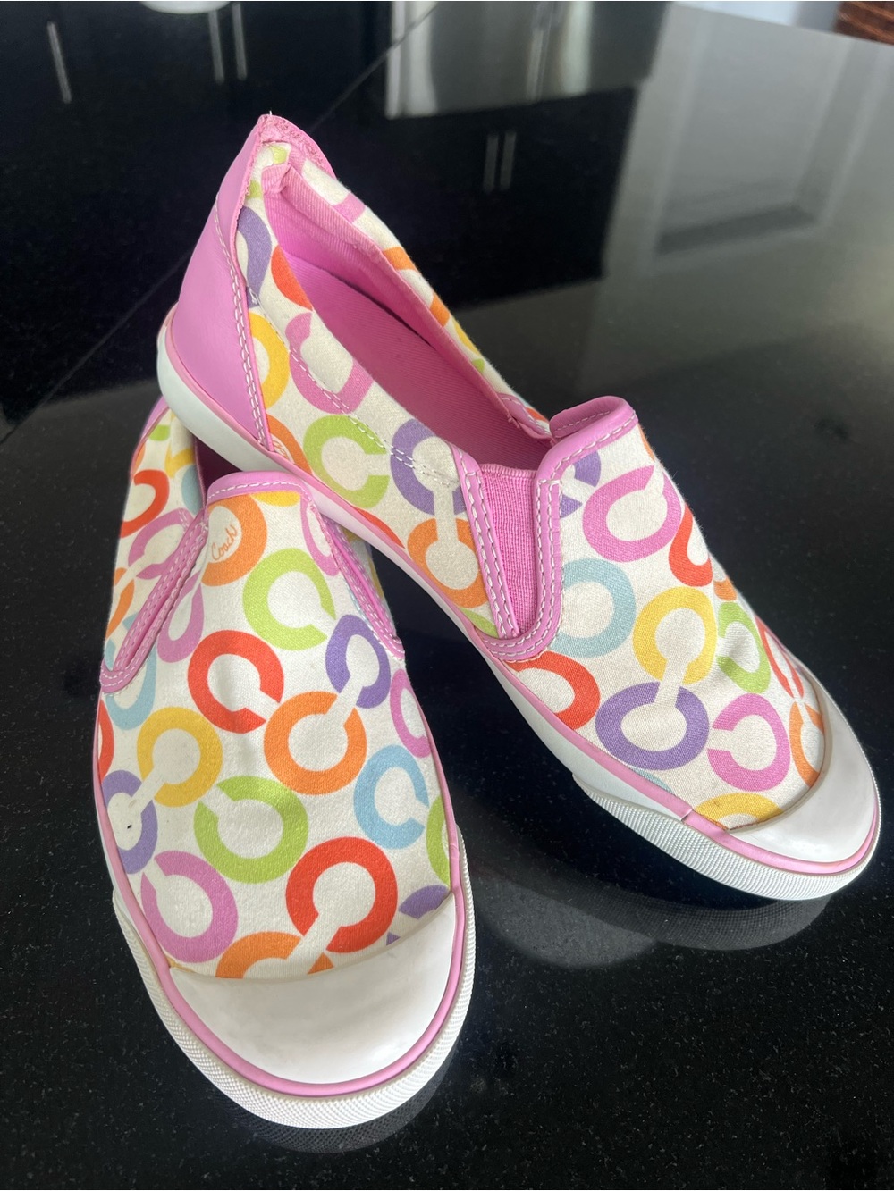 Coach Pink Leather Slip-On Sneakers with Signature Pattern Adult Size 8